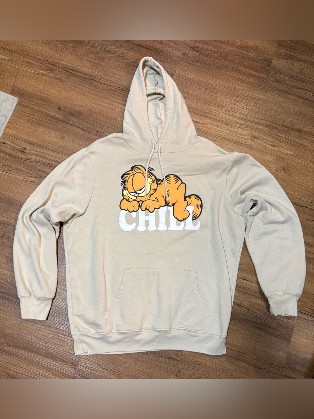 Garfield Chill Hoodie XL Beige Pullover Cartoon Graphic Fleece Sweatshirt